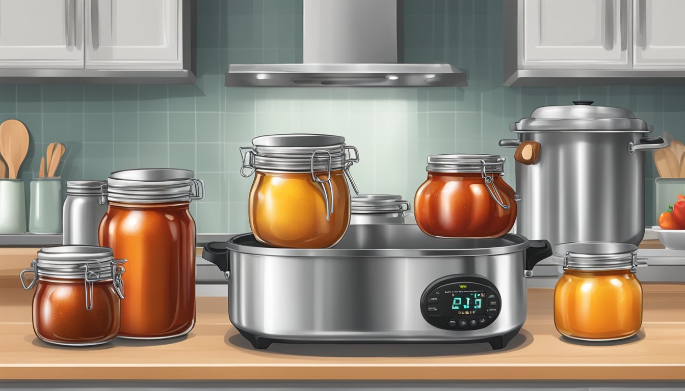 A stainless steel canning pot with jars of homemade chili sauce, a digital thermometer, and a timer on a clean, organized kitchen counter