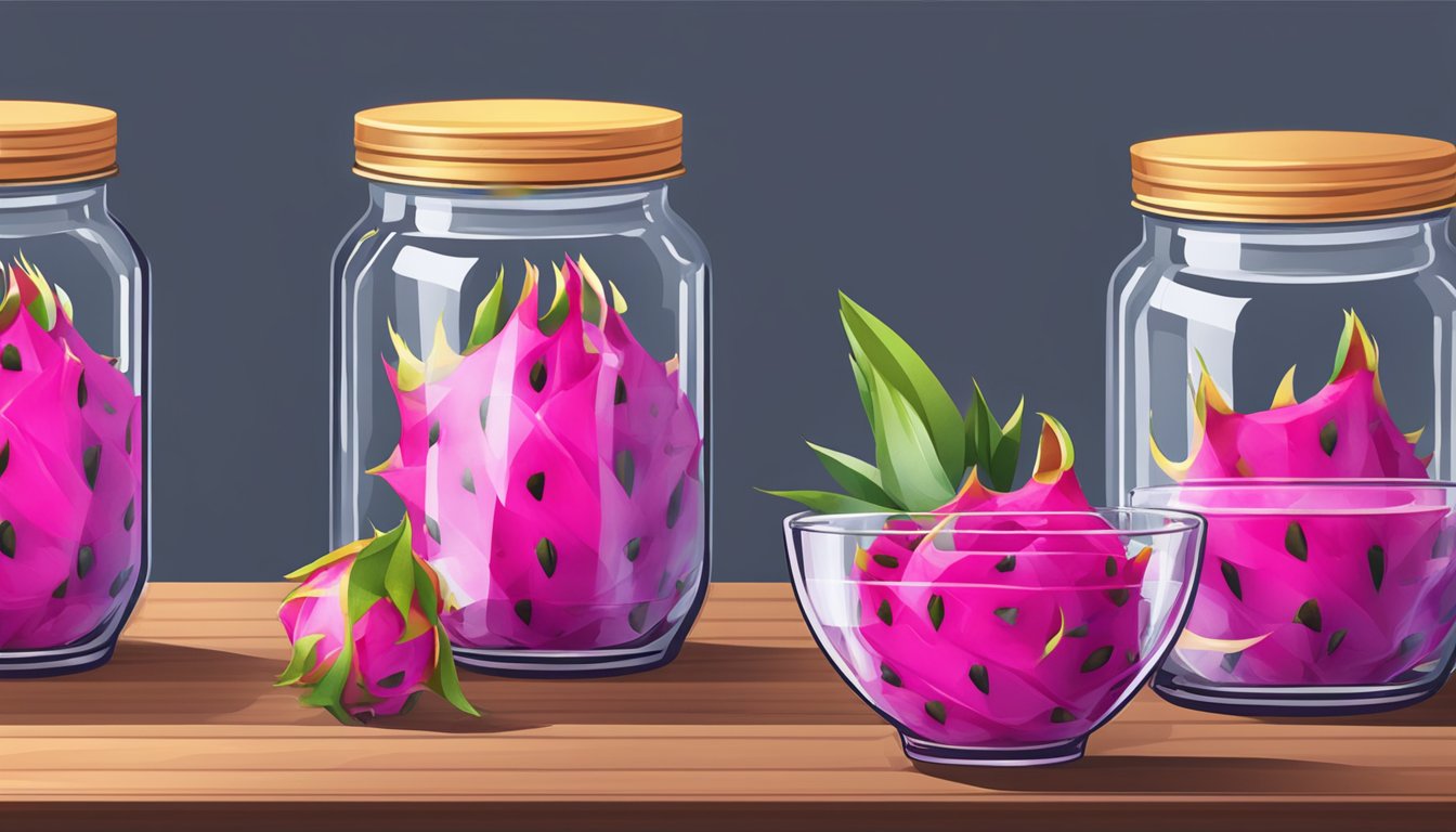 Dragon fruit being sliced and placed into glass jars with syrup, then sealed and processed in a boiling water bath for canning