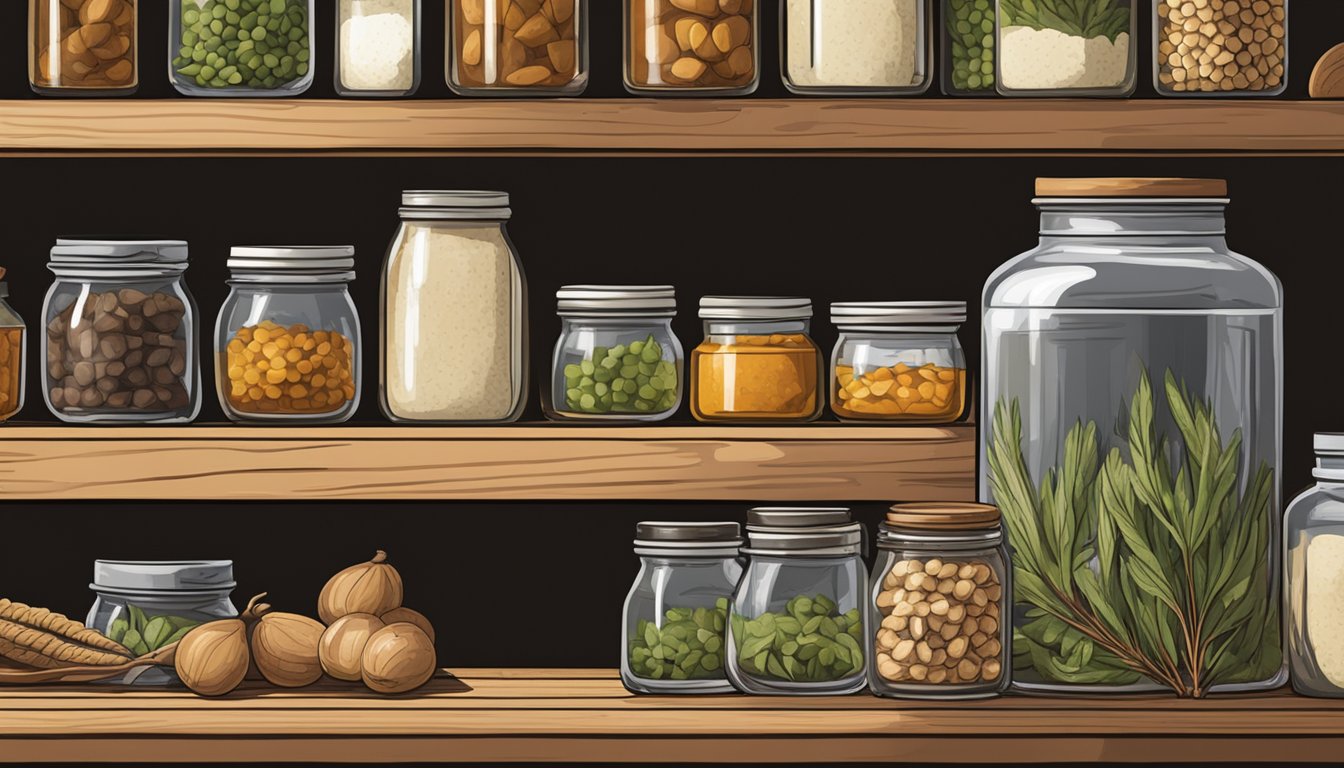 A rustic kitchen with jars of canned wild rabbit on a wooden shelf, alongside a butcher block and various canning supplies