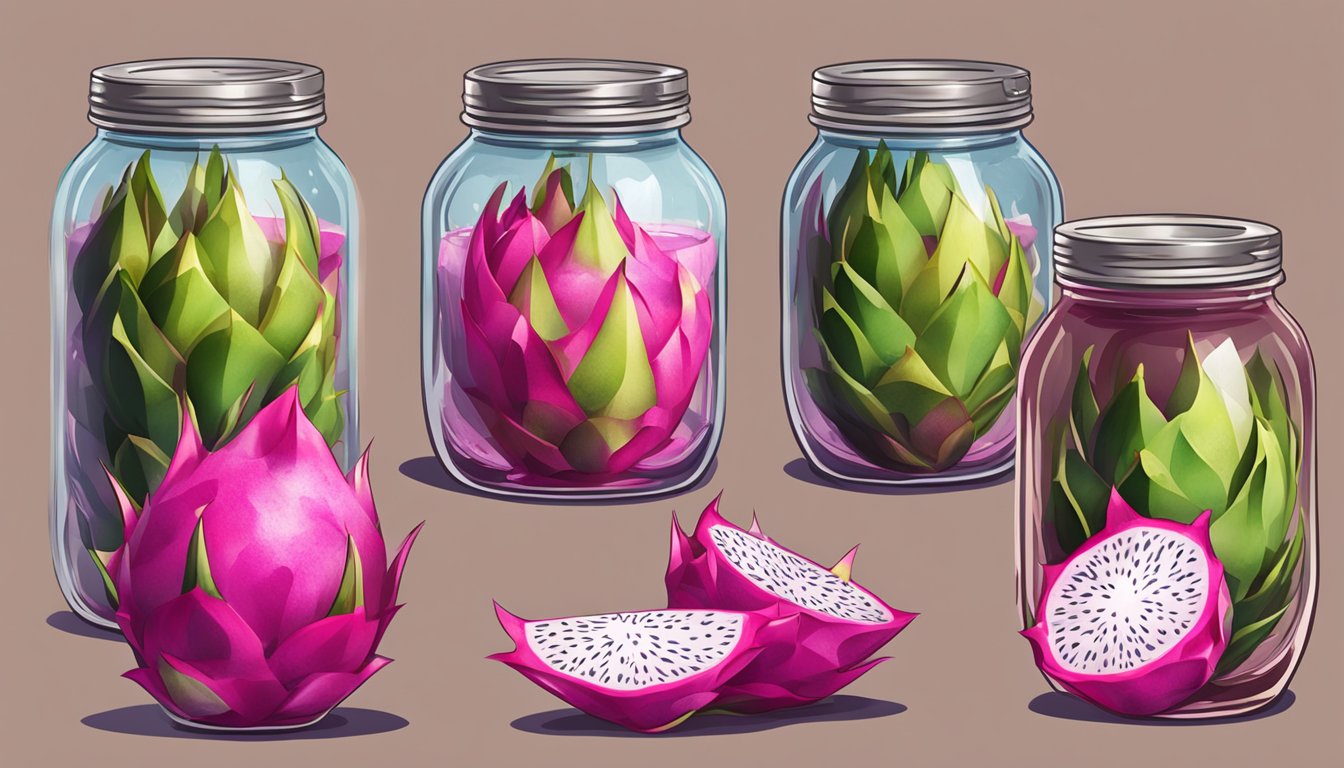 Dragon fruit being sliced and placed into glass jars with syrup, then sealed and processed in a boiling water bath