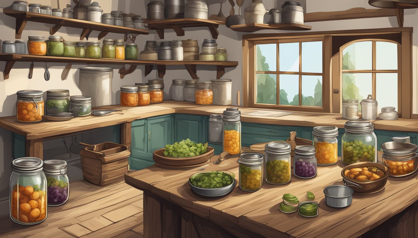 A rustic kitchen with shelves of canned rabbit, a large pot simmering on the stove, and a table filled with jars and utensils for the canning process