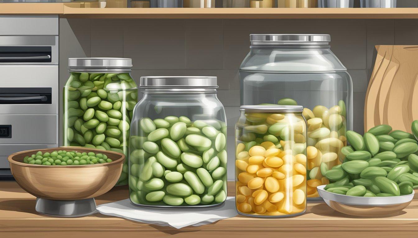 A kitchen counter with jars of canned lima beans cooling next to a pot and canning equipment