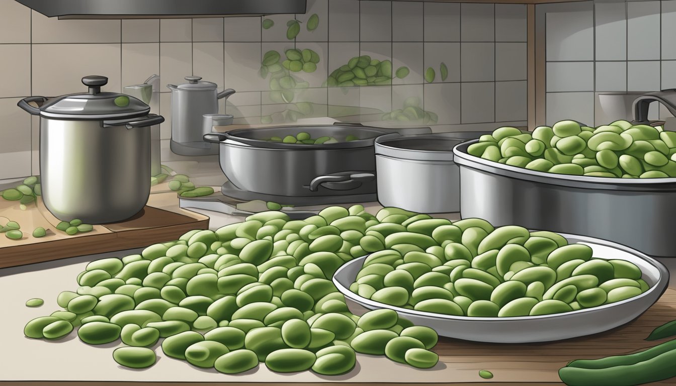 Lima beans being prepared for freezing or drying in a kitchen setting