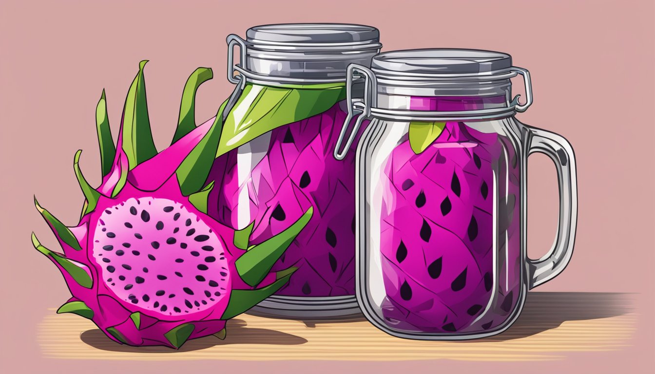 Dragon fruit being sliced and blended, then poured into jars and sealed for canning