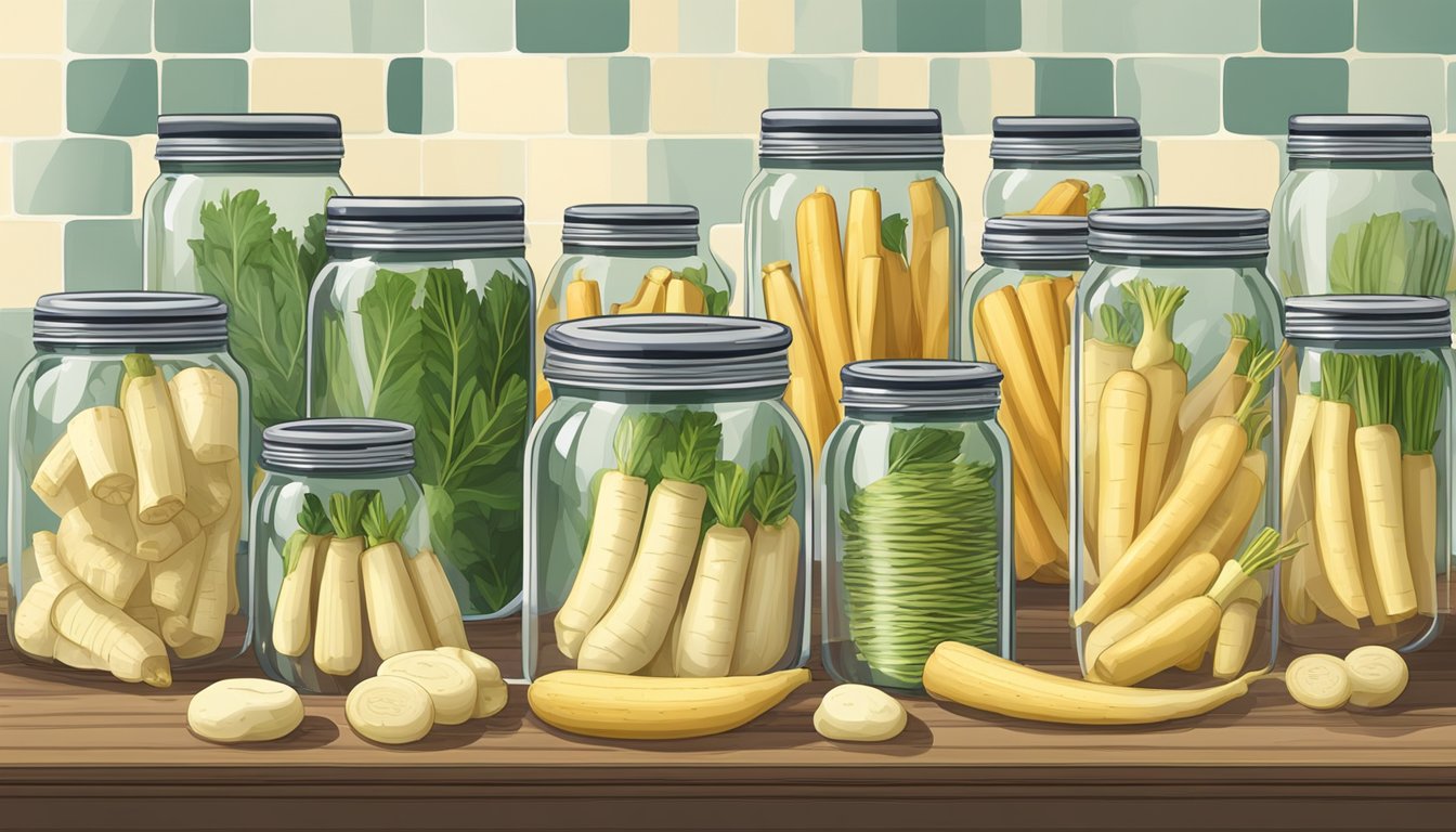 Fresh parsnips being washed, peeled, and sliced. Glass jars filled with parsnip slices and sealed with lids. Jars placed in a large pot of boiling water for canning