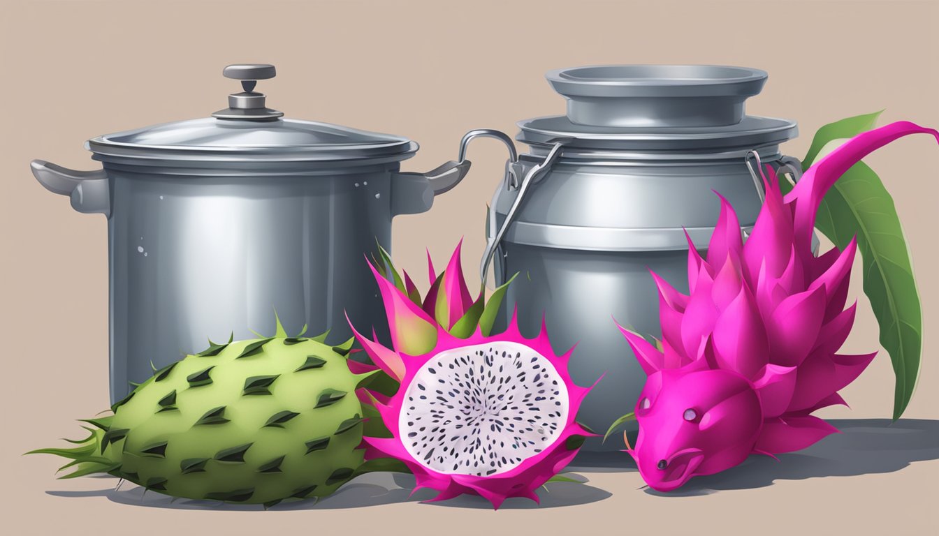 A pot of boiling water with canning equipment and dragon fruit ready for preservation