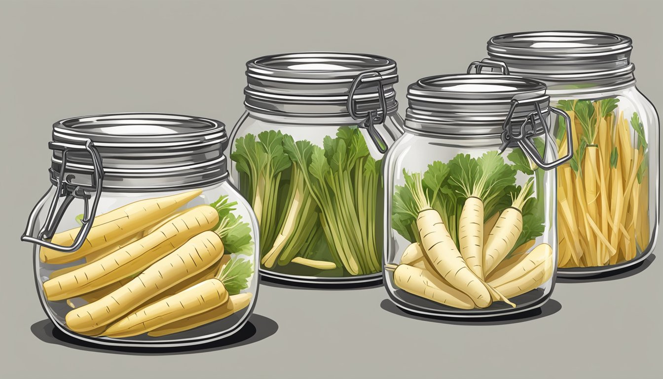 Parsnips being peeled, sliced, and placed into glass jars. Jars being sealed and placed into a boiling water bath for canning