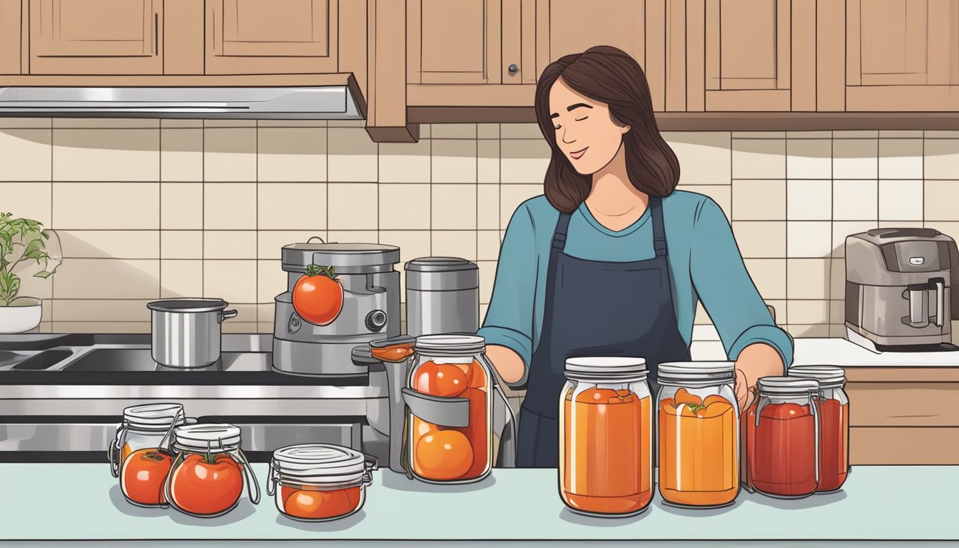 A person using a pressure canner to process jars of homemade tomato juice on a clean, organized kitchen counter