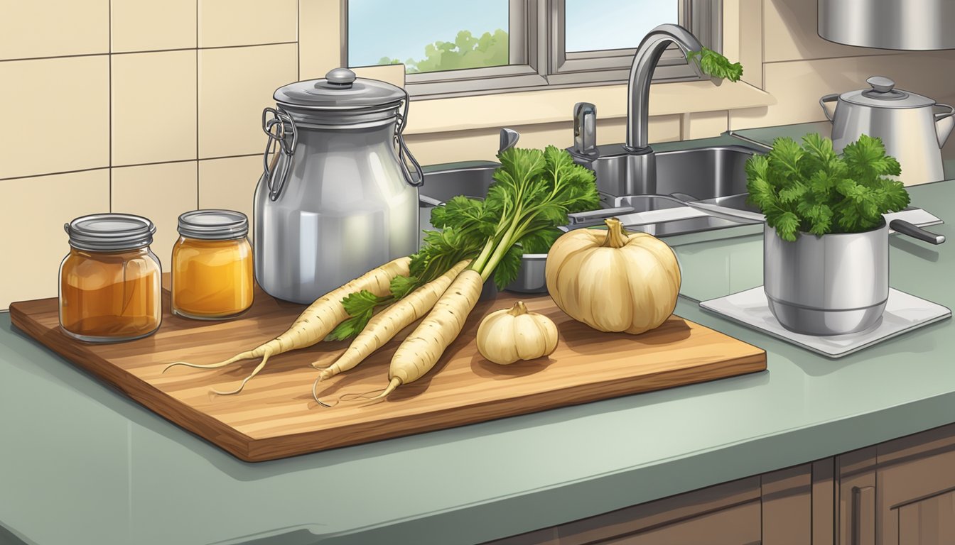 A kitchen counter with fresh parsnips, a cutting board, a pot of boiling water, and jars for canning