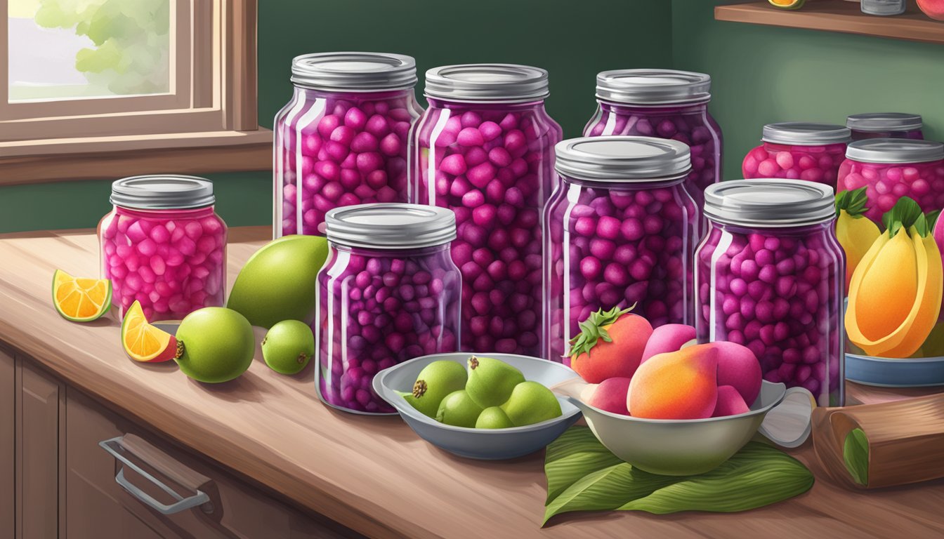 A kitchen counter with jars of canned dragon fruit, surrounded by fresh fruit and canning supplies