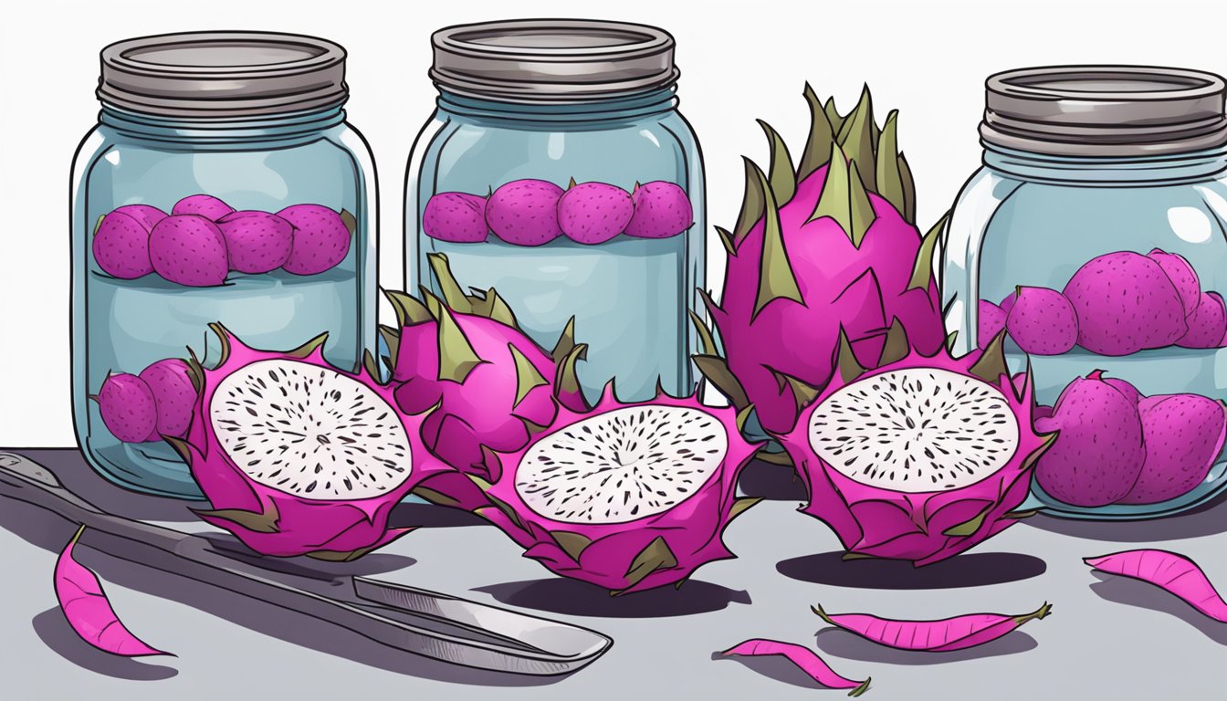 Dragon fruit being carefully peeled and sliced, then placed into sterilized jars, as a pot of boiling water stands ready for canning