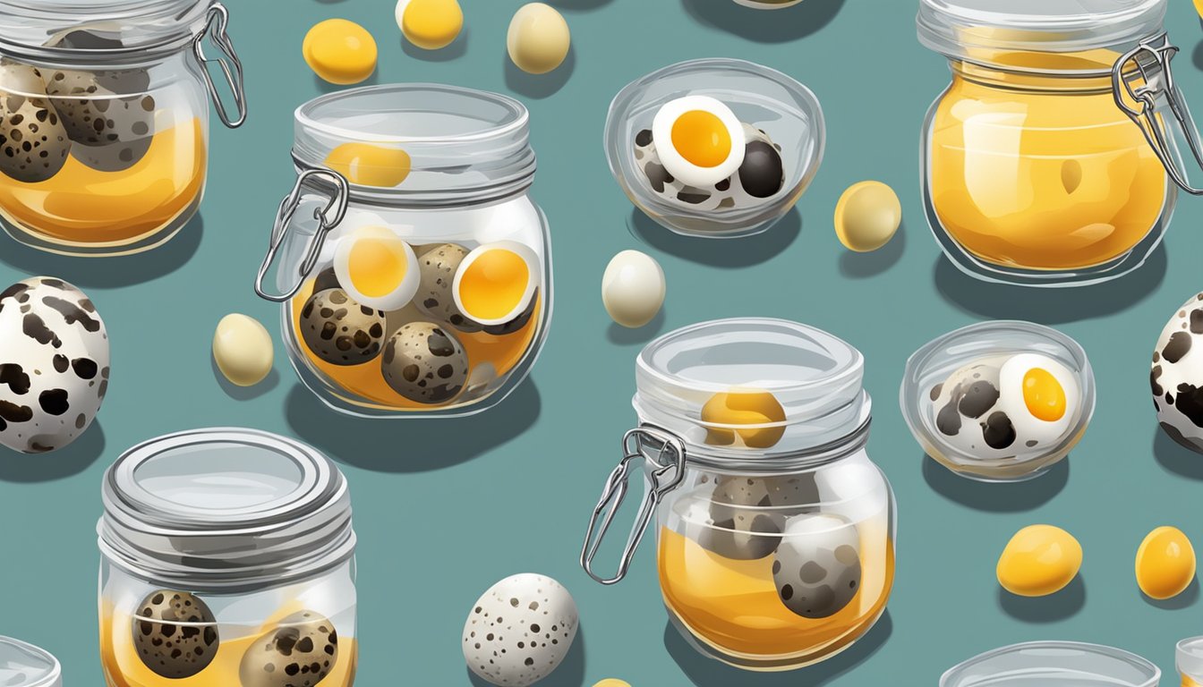 Quail eggs being carefully placed into glass jars, sealed with lids, and submerged in a boiling water bath