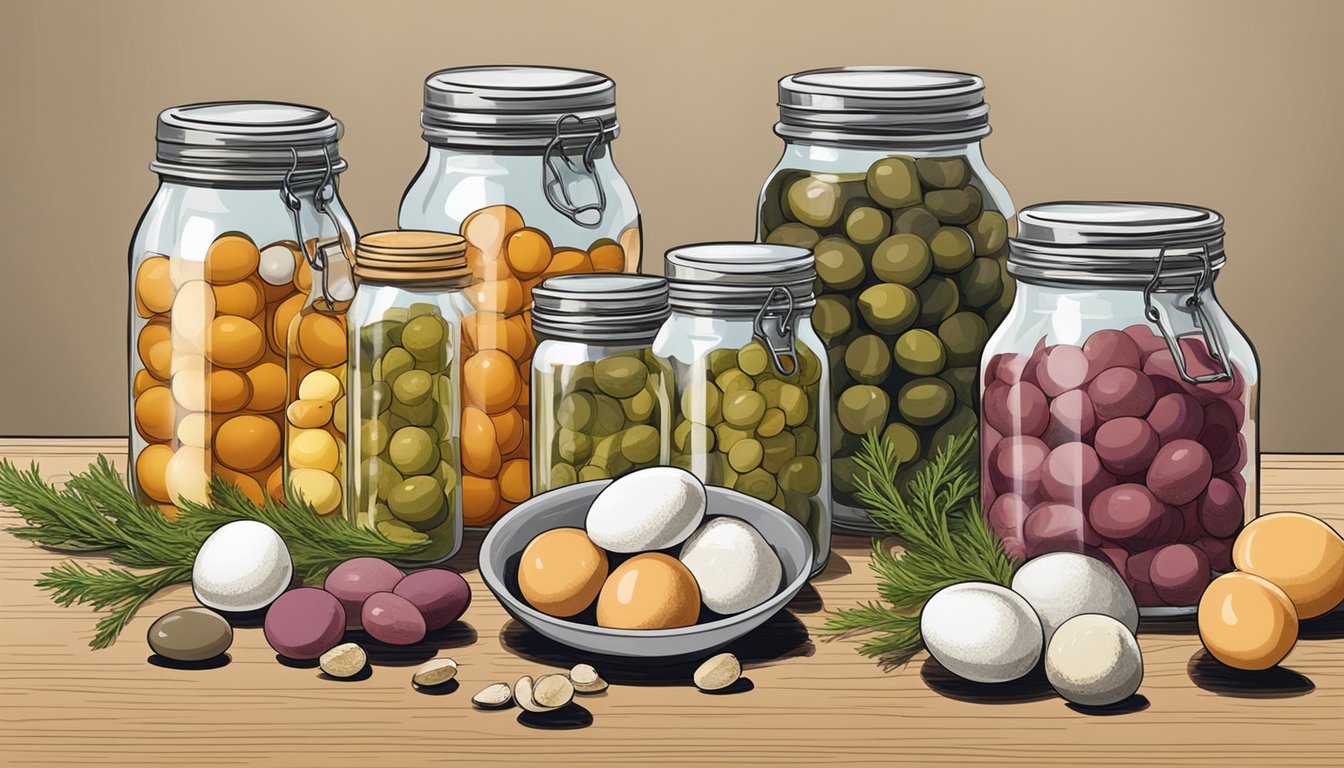 A collection of assorted seasonings and jars of pickled quail eggs arranged on a kitchen counter, ready for canning