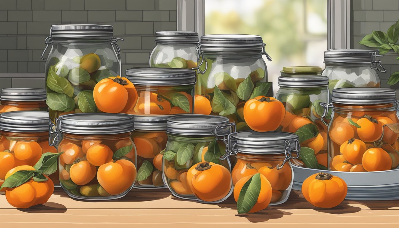 A kitchen counter with jars of canned persimmons, surrounded by fresh persimmons and canning supplies