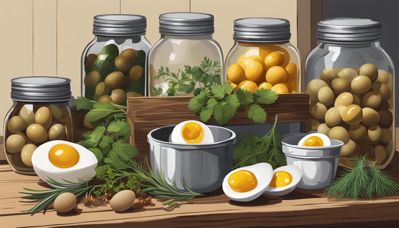 A rustic kitchen counter with open cans of quail eggs, a jar of pickling liquid, and a few fresh herbs and spices scattered around