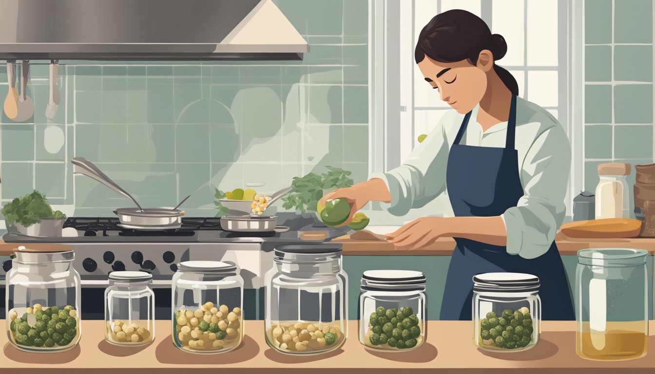 A person wearing an apron stands at a kitchen counter, carefully placing quail eggs into glass jars filled with pickling liquid. A pot of boiling water sits on the stove nearby