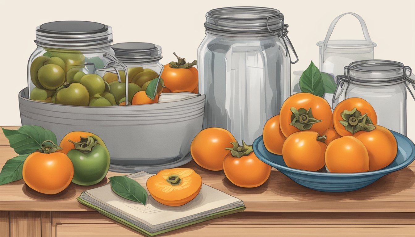 A kitchen counter with ripe persimmons, canning jars, boiling water, and a recipe book open to the page on preserving fruit