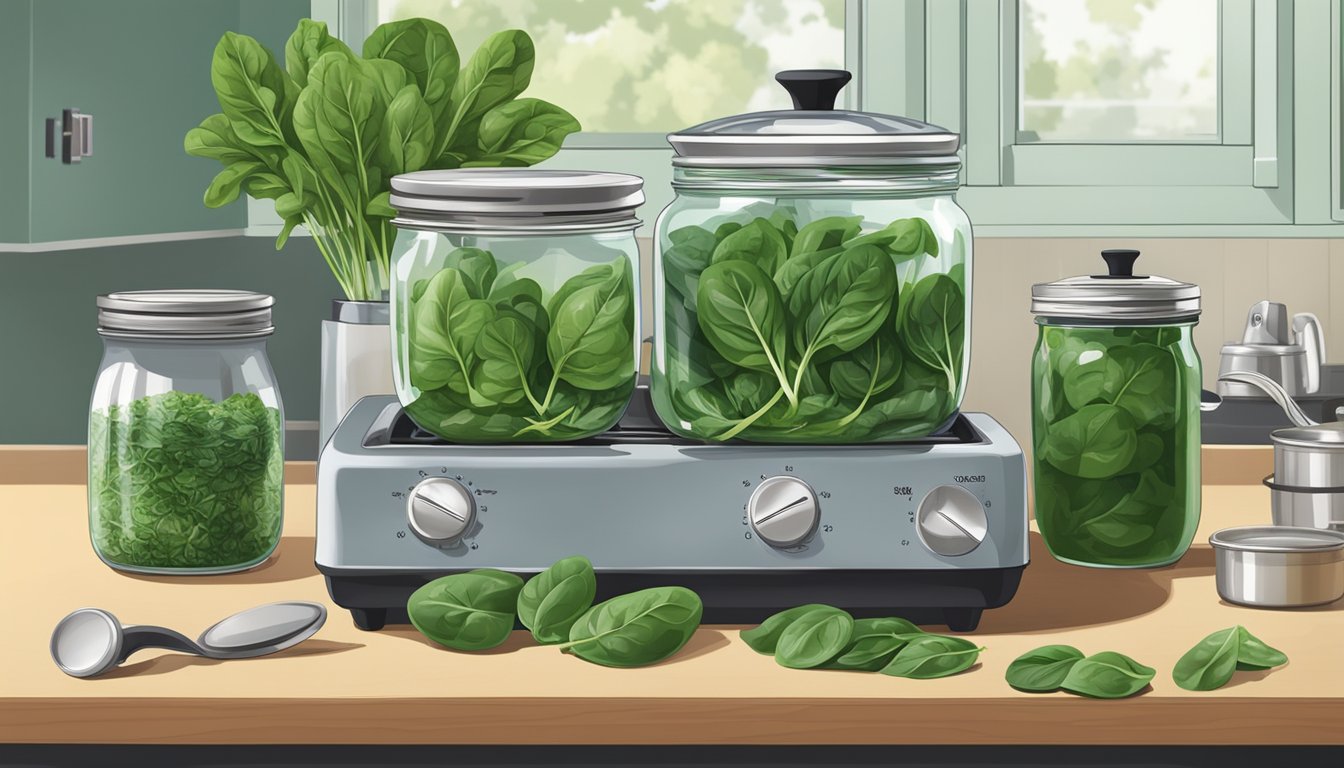 A kitchen counter with fresh spinach, canning jars, lids, canning equipment, and a pot of boiling water