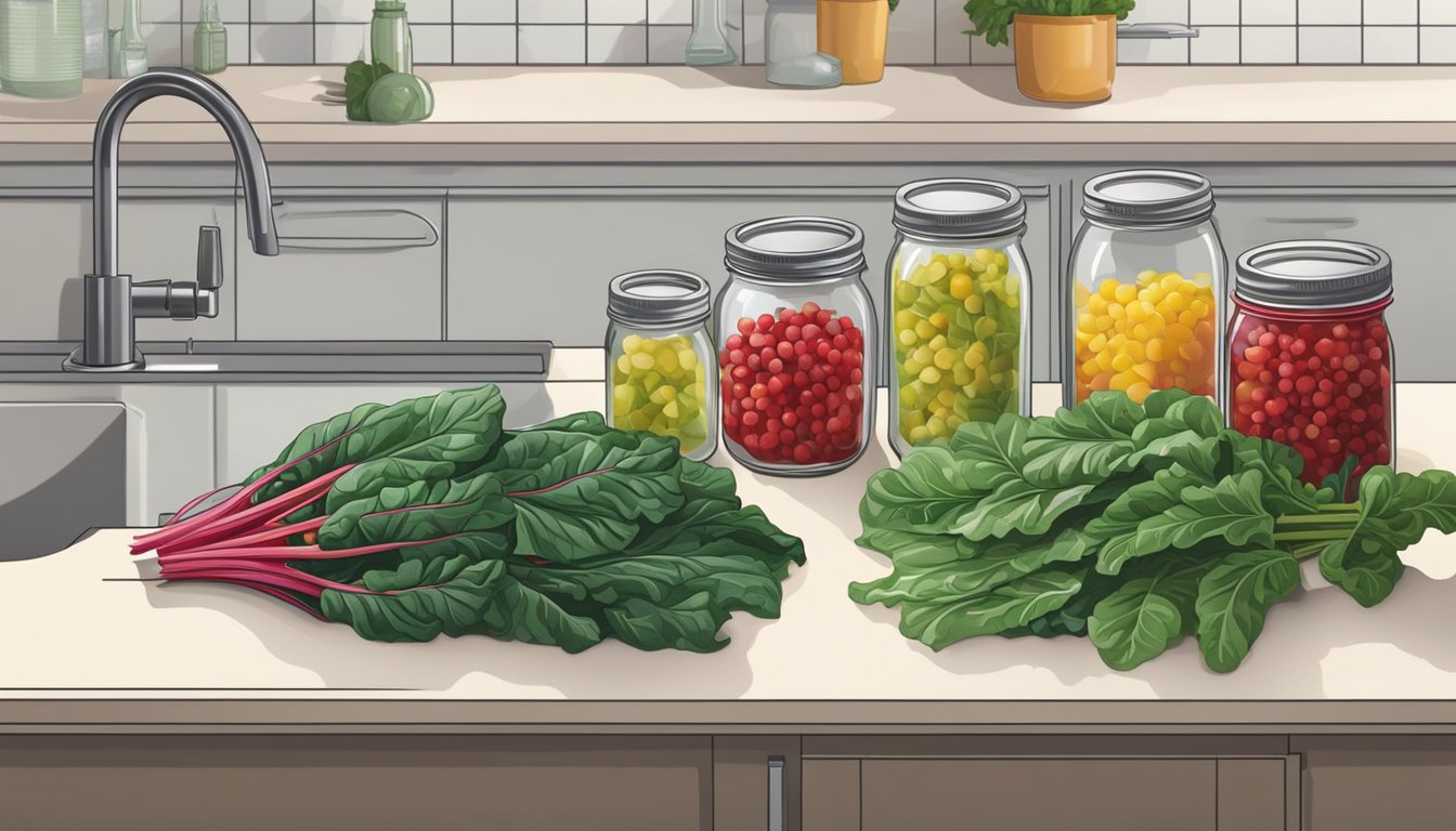 Fresh Swiss chard being washed and trimmed on a clean kitchen counter, with canning jars and lids ready nearby