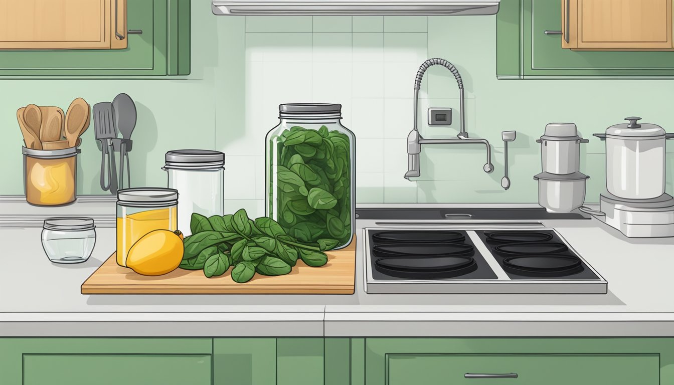 A kitchen counter with fresh spinach, a cutting board, a canning jar, and a pot of boiling water