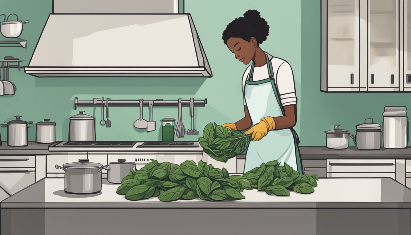 A person wearing gloves and an apron standing in a clean, well-lit kitchen, using a pressure canner to preserve fresh spinach