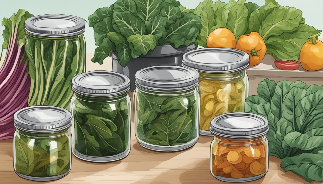 A kitchen counter with jars of canned Swiss chard, surrounded by fresh chard leaves, a pot of boiling water, and a canning kit