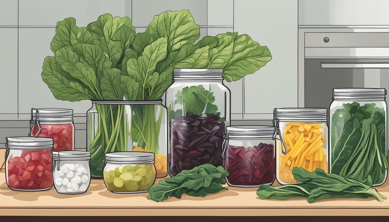 A kitchen counter with jars of canned Swiss chard, a pot of boiling water, and fresh chard leaves being prepared for canning