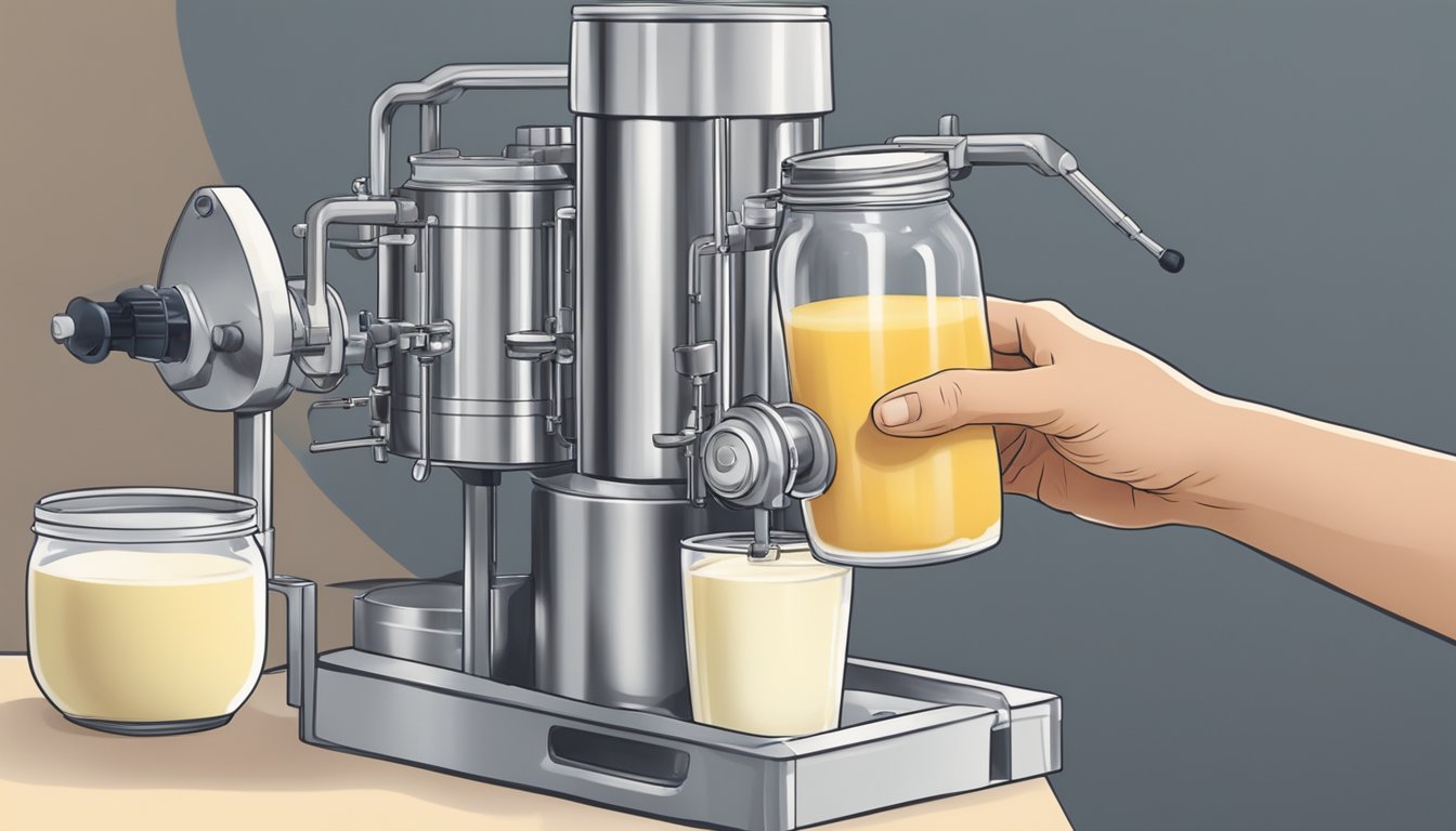 A person using a hand-cranked canning machine to process fresh milk at home