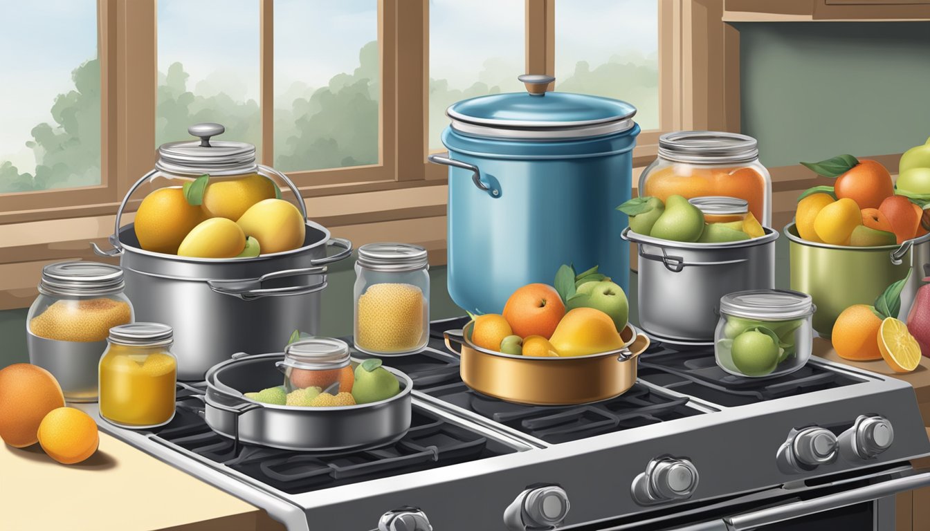 Fresh fruits and sugar being mixed in a large pot over a stove, with jars and lids laid out for canning