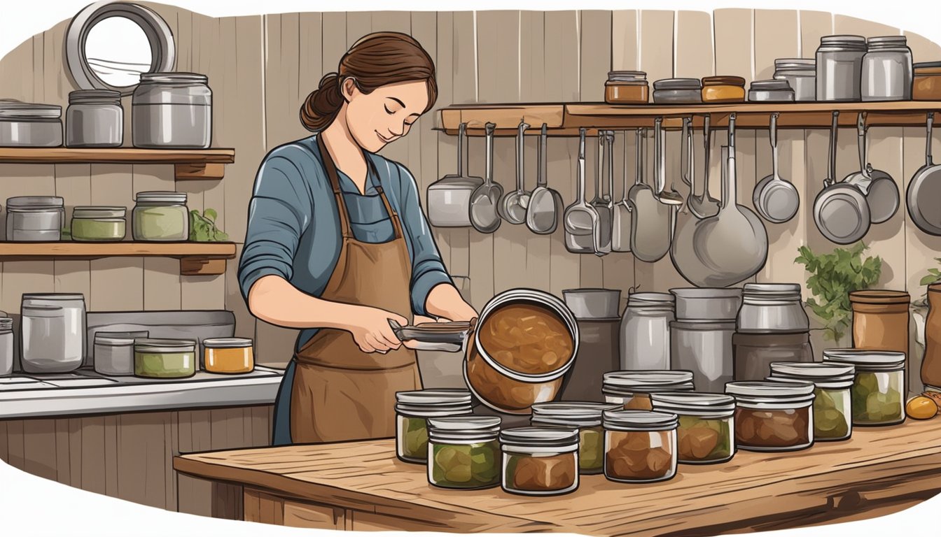 A person sealing jars of canned moose meat with a pressure canner in a rustic kitchen