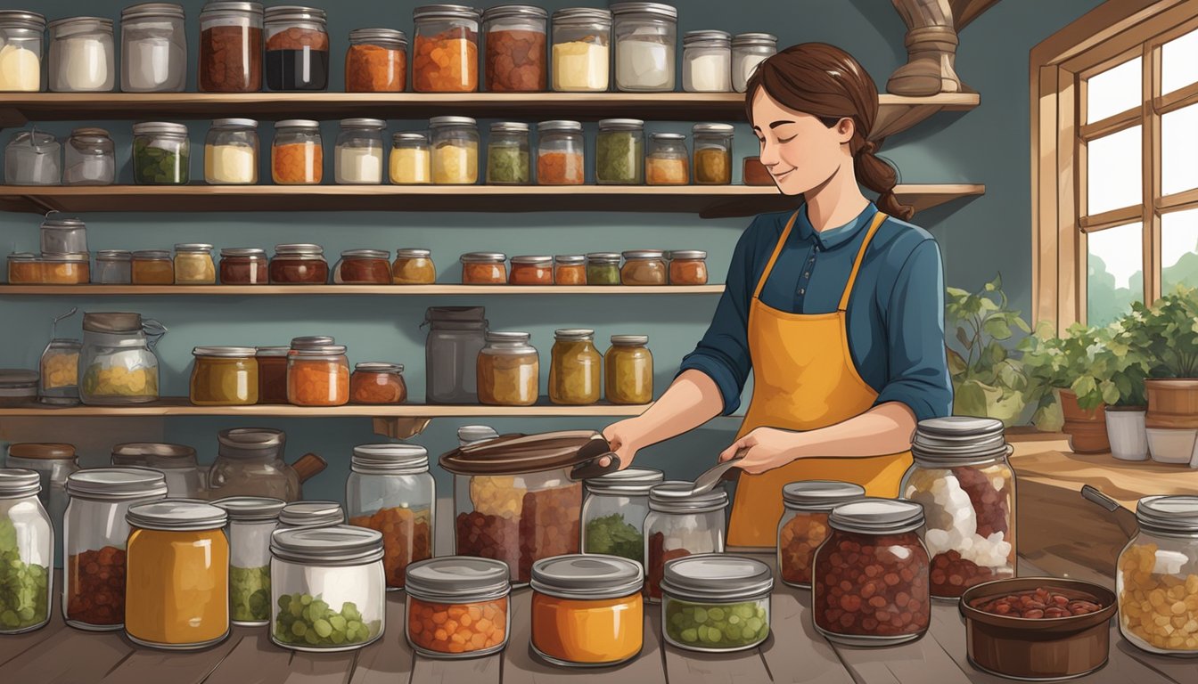 A rustic kitchen with shelves of canned moose meat, a large pot on the stove, and a person sealing jars with a canning device