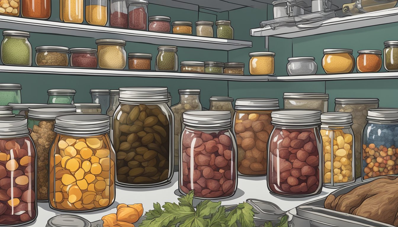 Moose meat being sealed in glass jars with a pressure canner, surrounded by shelves of preserved food and canning equipment