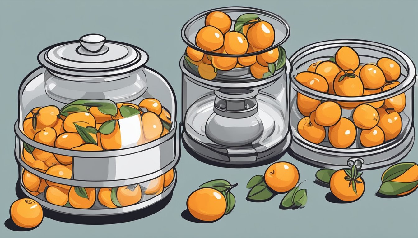 Kumquats being washed, sliced, and placed into glass jars. A pot of boiling water for canning sits on the stove