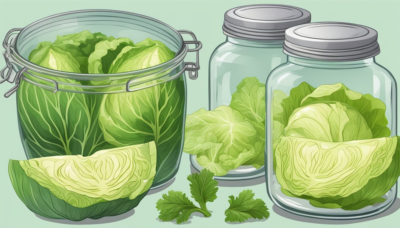 Fresh cabbage being washed and sliced, then placed into glass jars with vinegar and spices, before being sealed and placed into a large pot of boiling water for preservation