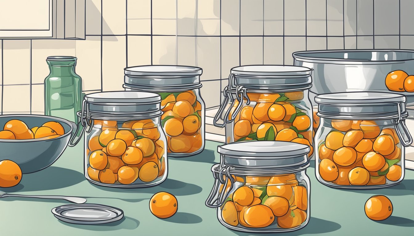 Fresh kumquats being carefully placed into glass jars, surrounded by boiling water and sealed lids on a kitchen counter