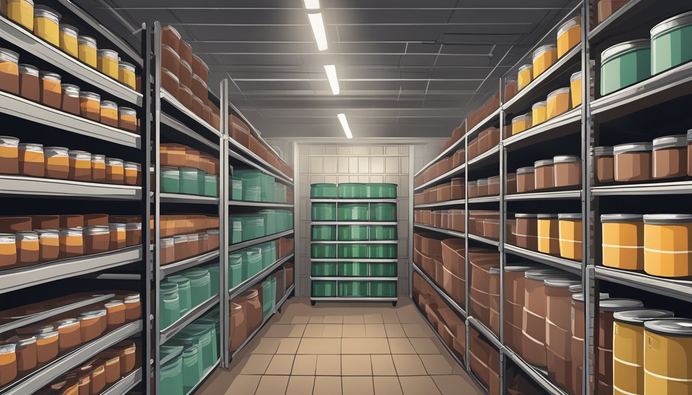 A cellar with shelves of canned moose meat, labeled and organized for long-term storage and rotation