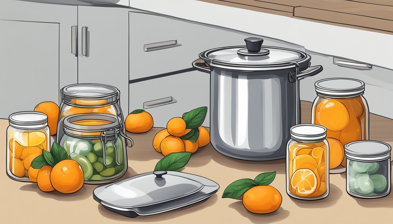 A kitchen counter with a pot of boiling water, jars, lids, and fresh kumquats ready for canning