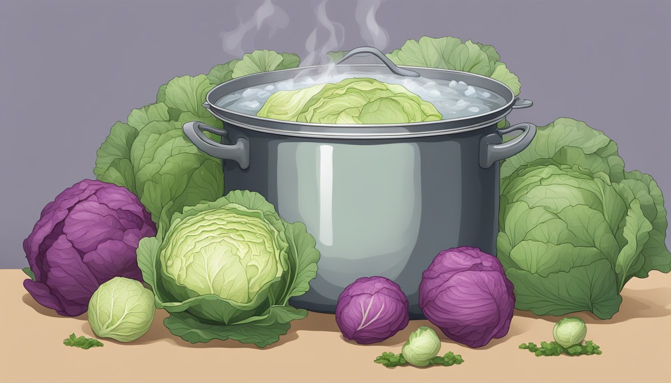 A large pot of boiling water with cabbage heads and jars ready for canning