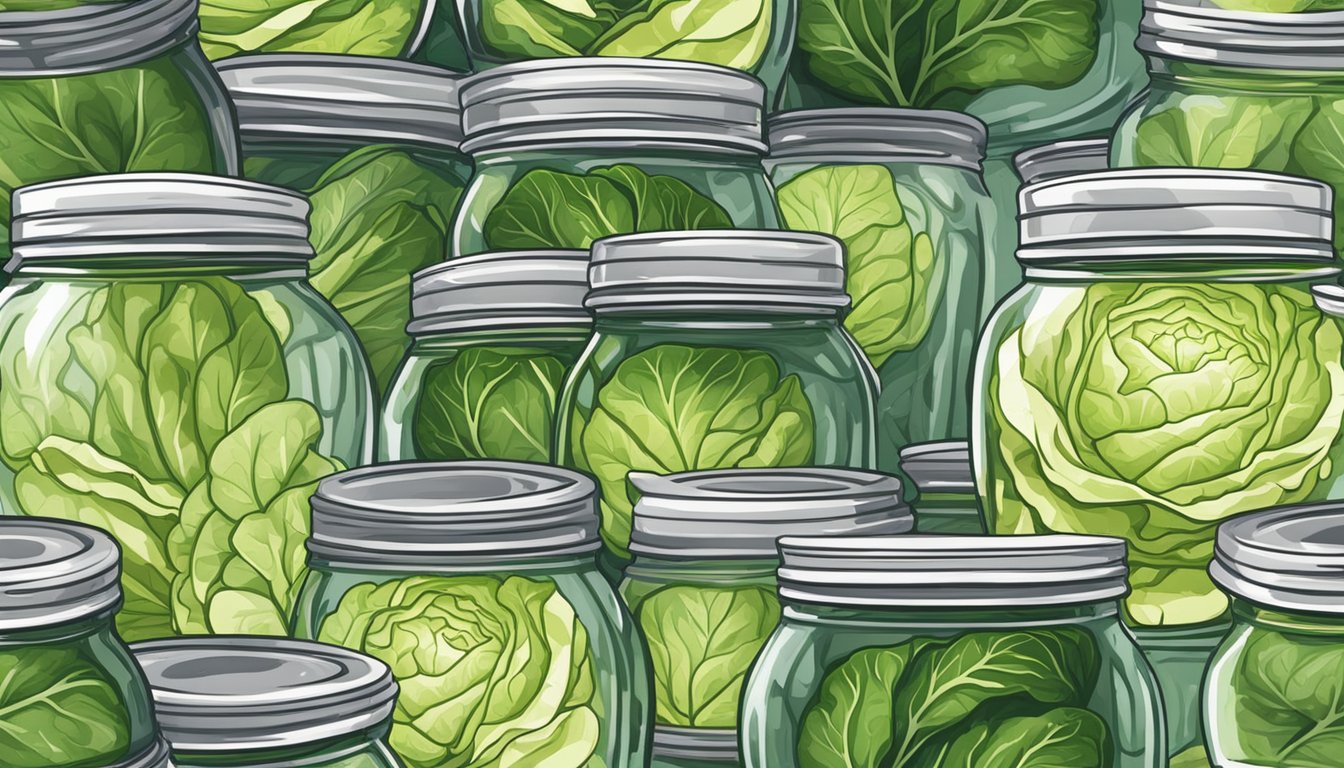 Jars filled with sliced cabbage, submerged in brine, ready for canning