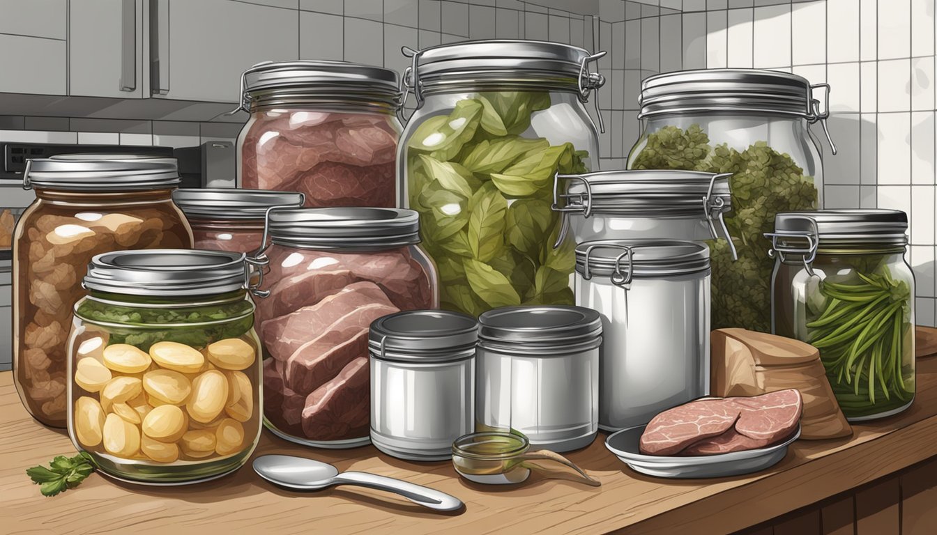 A kitchen counter with jars, wild goose meat, and canning equipment ready for long-term storage