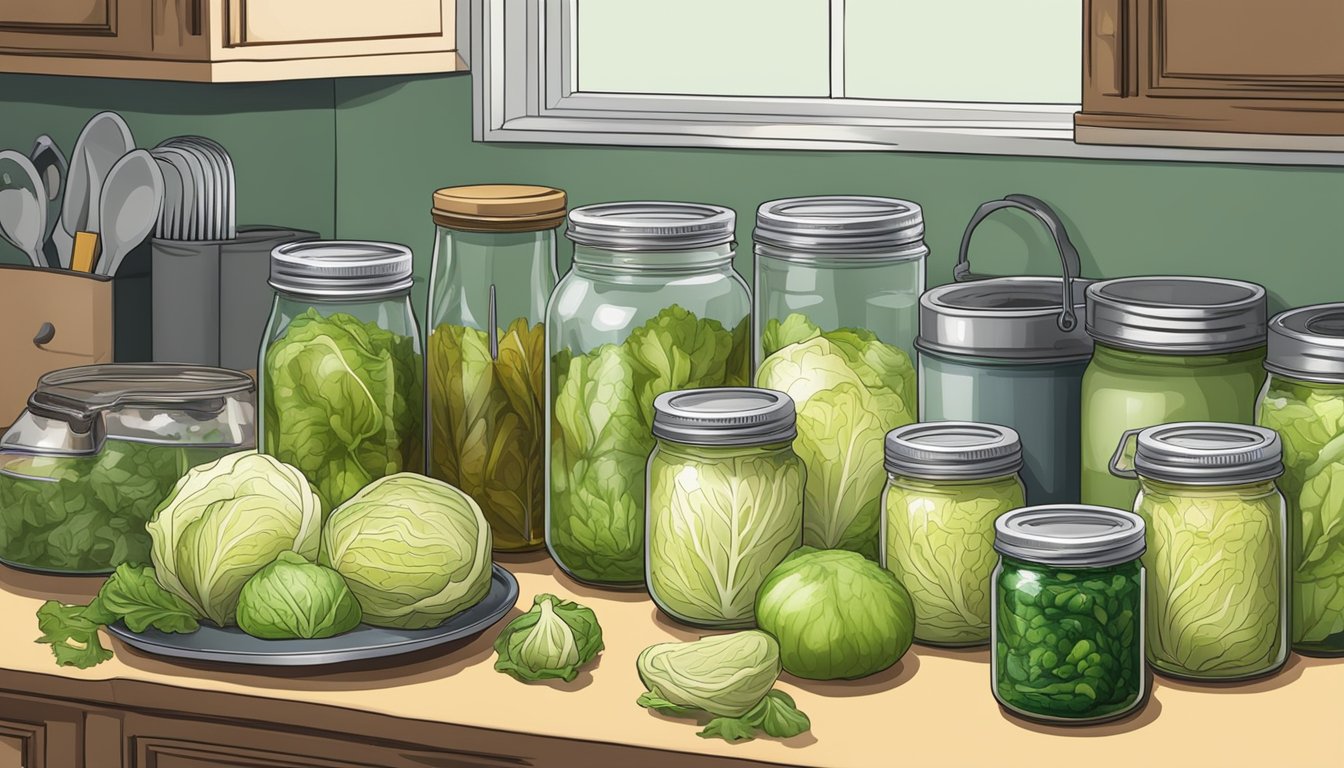 A kitchen counter with jars of canned cabbage, a pot of boiling water, and various canning tools and ingredients scattered around