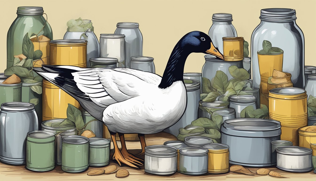 A wild goose being plucked and gutted, surrounded by cans and jars for canning