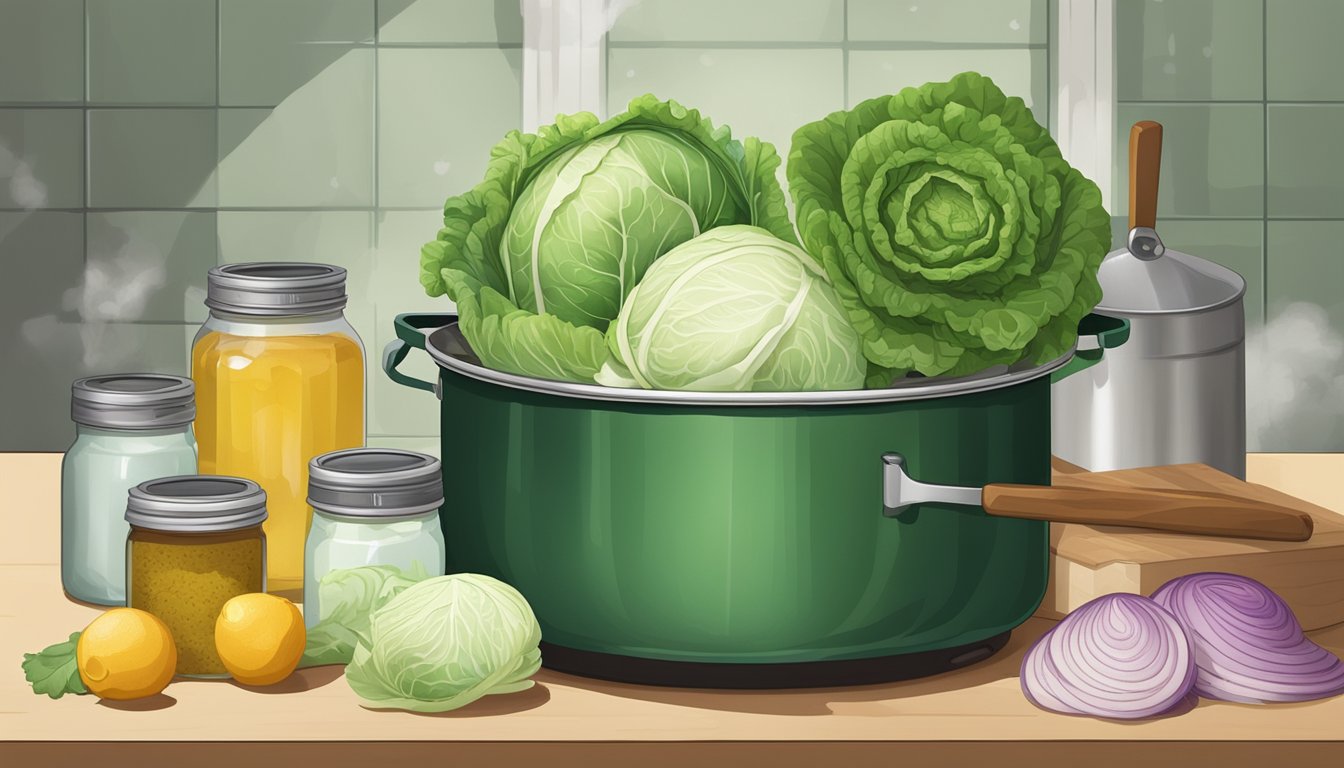 A kitchen counter with a large pot of boiling water, a head of cabbage, and various canning tools and supplies scattered around