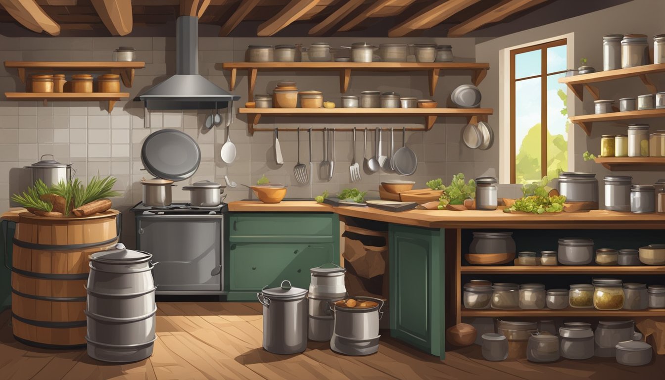 A rustic kitchen with jars, a large pot, and a stove. A hunter prepares and cans wild goose meat for long-term storage