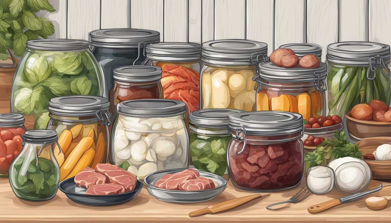 A kitchen counter with jars, raw meat, and various utensils laid out for canning