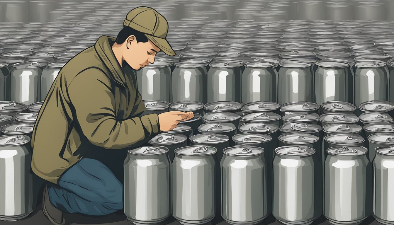 A person inspecting sealed wild goose cans for signs of spoilage