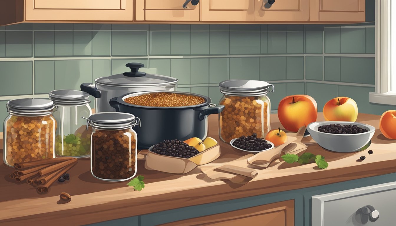 A kitchen counter with jars of homemade mincemeat surrounded by ingredients like apples, raisins, and spices. A pot is simmering on the stove