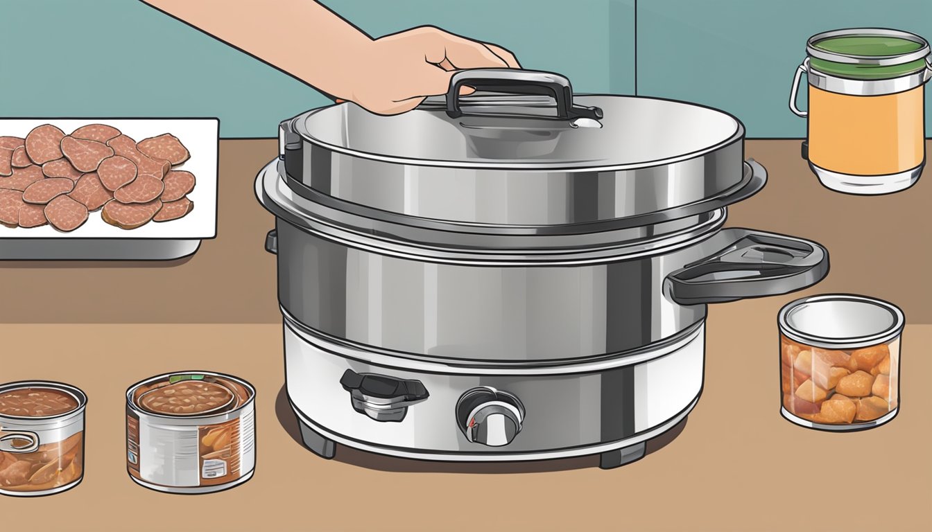 A person placing canned meat into a pressure canner on a stovetop