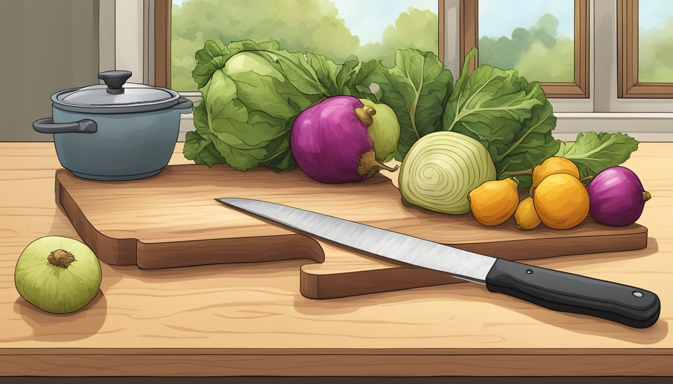 A kitchen counter with a cutting board, knife, and freshly harvested rutabagas ready for canning