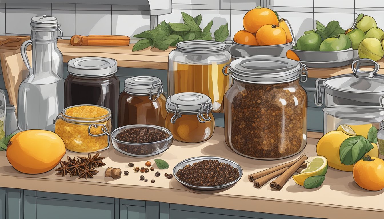 A kitchen counter with jars of homemade mincemeat surrounded by ingredients like spices, fruits, and sugar. A pot of boiling syrup and a funnel for canning are also present